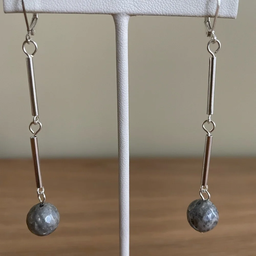 HAND CRAFTED Earrings Gray Polished Agate Silver Tubes Long Dangling